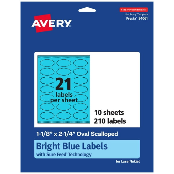 Avery Oval Scalloped Labels, Bright Blue, 1-1/8" x 2-1/4", 210ct