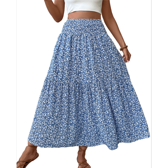 Falda Midi de Cintura Alta Elástica para Mujer, Informal, de Verano, , con Volantes, Estampado Floral, Corte A. Flor Azul L