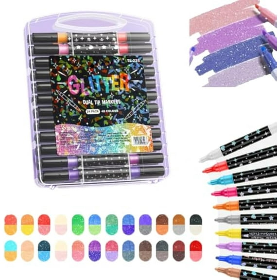 Dual-Tip Glitter Marker Pen,Brush & Fine Point Sparkle Pens for Adults, Water-Based Ink for Card Making, Rock Painting, DIY Art Crafts (48)