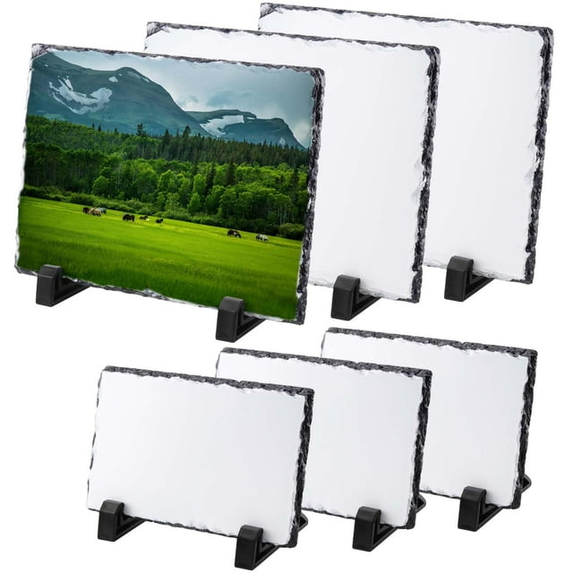JAPCHET 6 Pack Sublimation Slate Blanks, 2 Size Heat Transfer Rectangular Sublimation Photo Slate with Display Holder, Personalized Rock Slate Photo Plaque for Desktop Souvenir DIY Pers