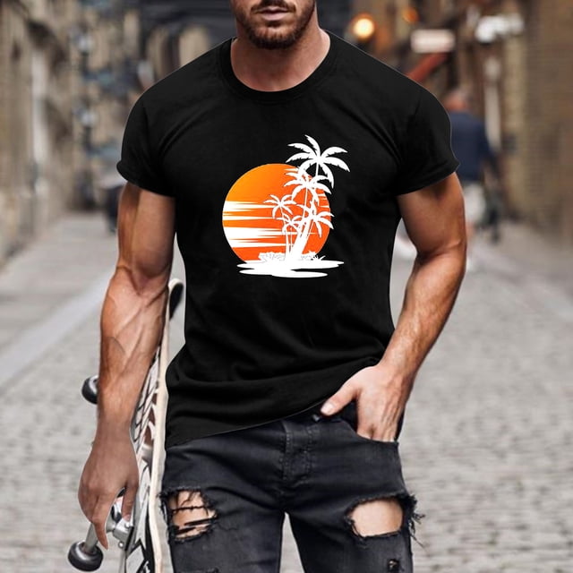 Meichang T-Shirts Graphiques pour Hommes T-Shirts à Col Rond Imprimés 3D Palmier Tropical Coucher de Soleil Coupe Régulière Manches Courtes T-Shirts d'Entraînement T-Shirts d'Été pour Muscles pour Hommes Liquidation Offres 2024 Noir TG