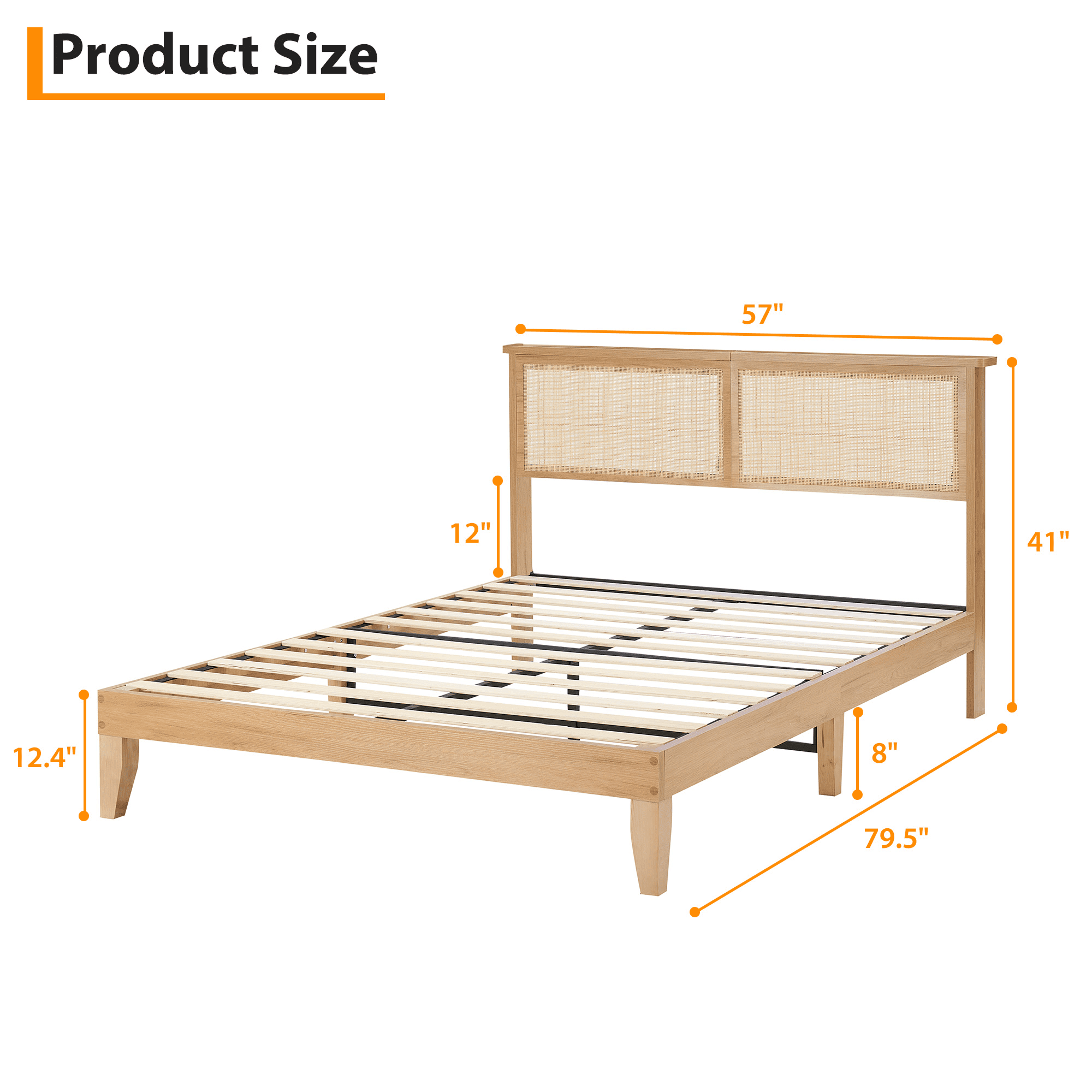 Rattan Full Bed Frame, Full Size Bed Frame with Natural Rattan Headboard, Platform Bed Frame with LED Lights, Under Bed Storage and Wooden Legs Support, Noise-Free, No Box Spring Needed