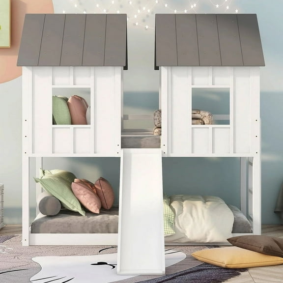 House Bunk Bed with Slide, Bunk Bed Twin Over Twin with Roof and Windows, Wood Floor Bunk Beds Frame for Teens, No Box Spring Needed (White)