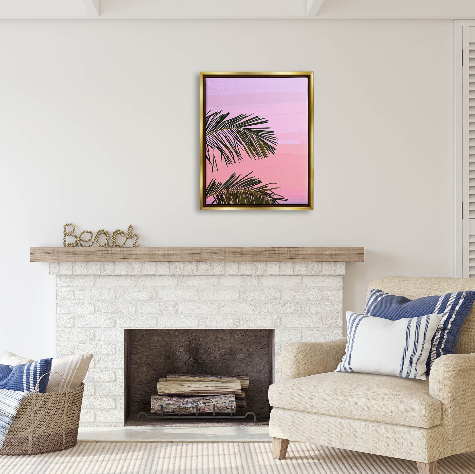 Stupell Industries Pink & Purple Sunset Palm Leaves Coastal Painting Gold Floater Framed Art Print Wall Art