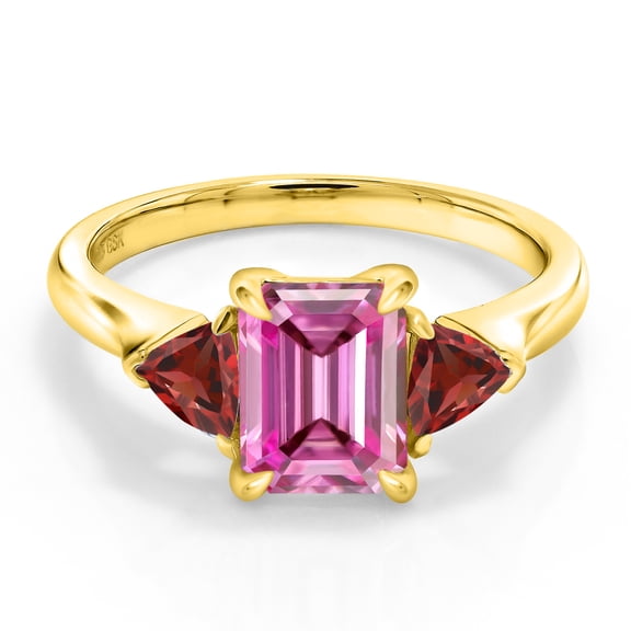 Gem Stone King 18K Yellow Gold Plated Silver 3-Stone Ring Octagon Pink Moissanite and Garnet Red (2.15 Cttw, Size 6)