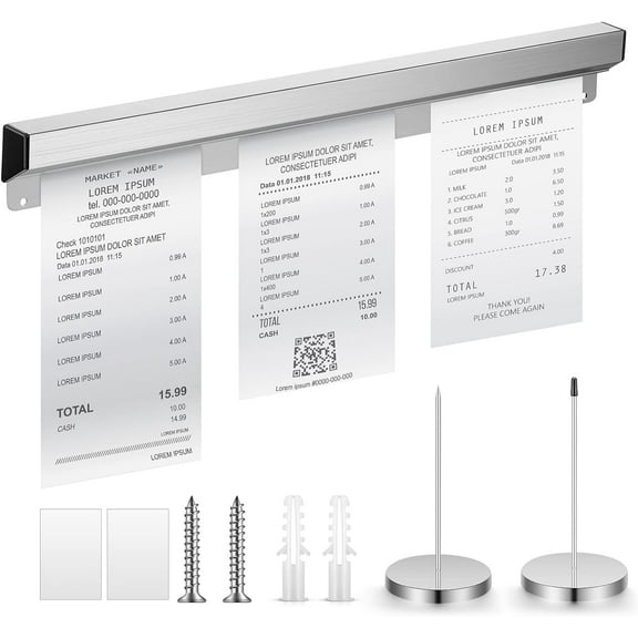 Aluminum Slide Check Rack with 2 Pcs Receipt Holder Spike Desk Receipt Holder Restaurant Ticket Holder Silver ticket Rail Bill Orders Display Rail for Kitchen Office Cafes Bar Note Organizer(16 Inch)