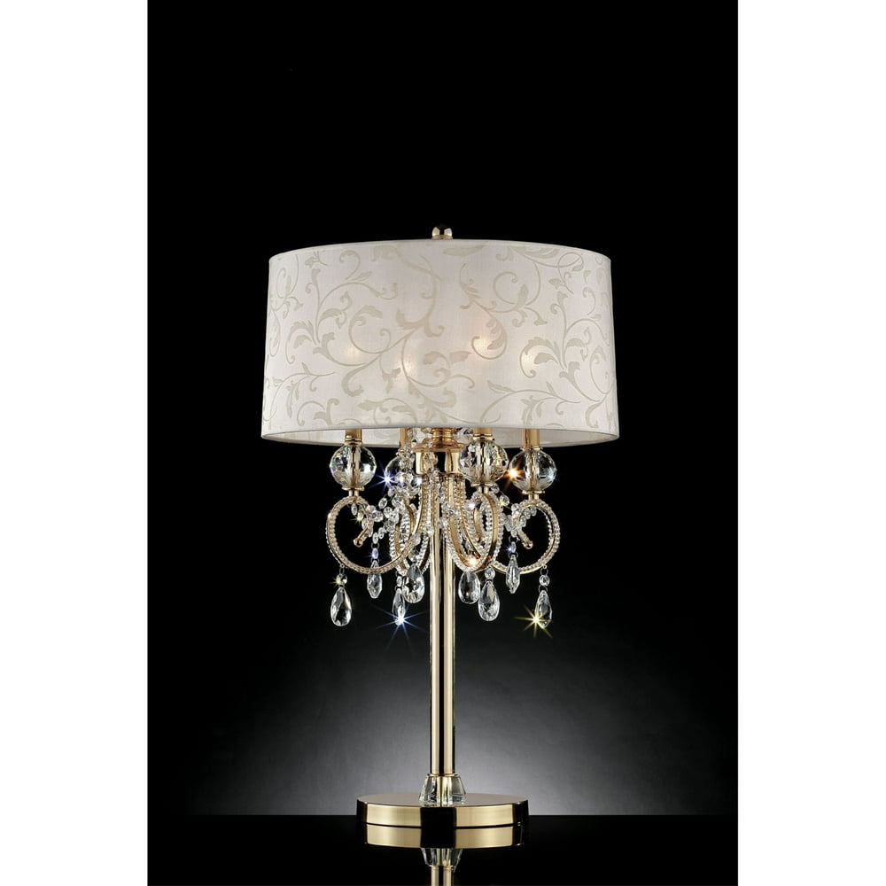 Chandelier Table Lamp with Hanging Crystals and Floral Pattern Shade