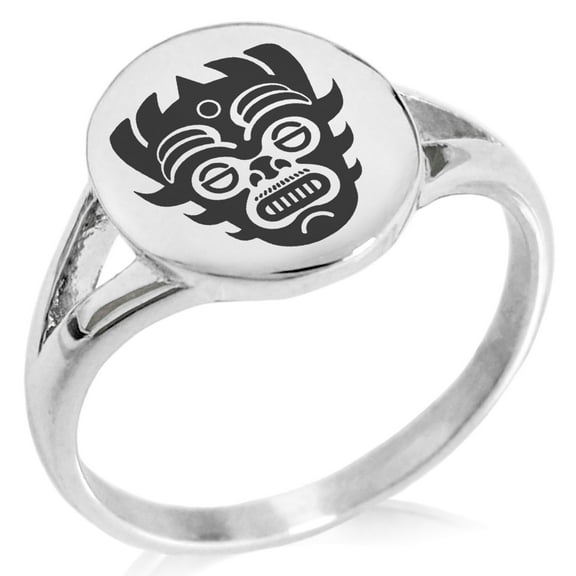 Stainless Steel Aztec Warrior Mask Rune Minimalist Oval Top Polished Statement Signet Ring