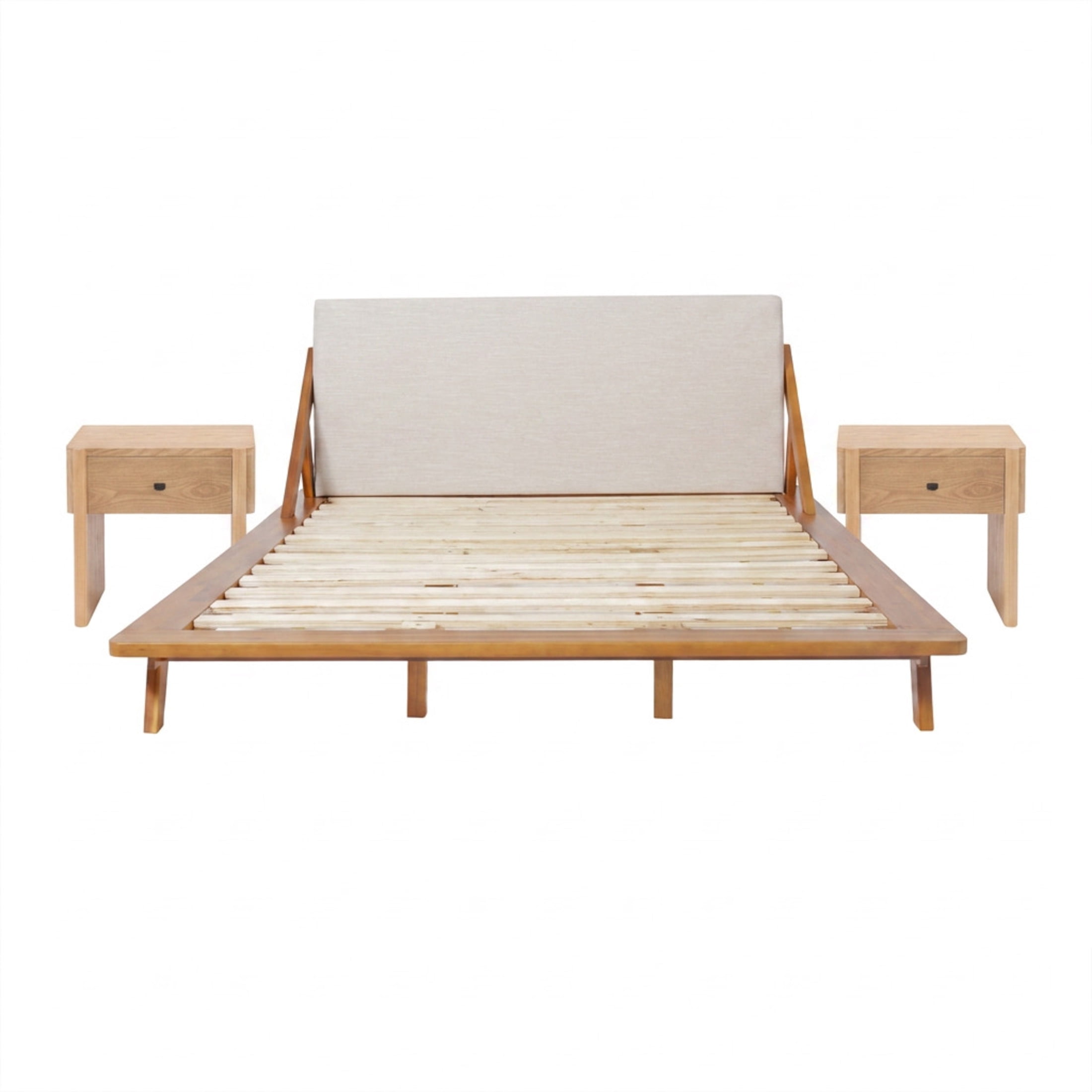 Christopher Knight Home Queen Bed Frame with Upholstered Headboard and 2 Natural Nightstands, Beige+Natural