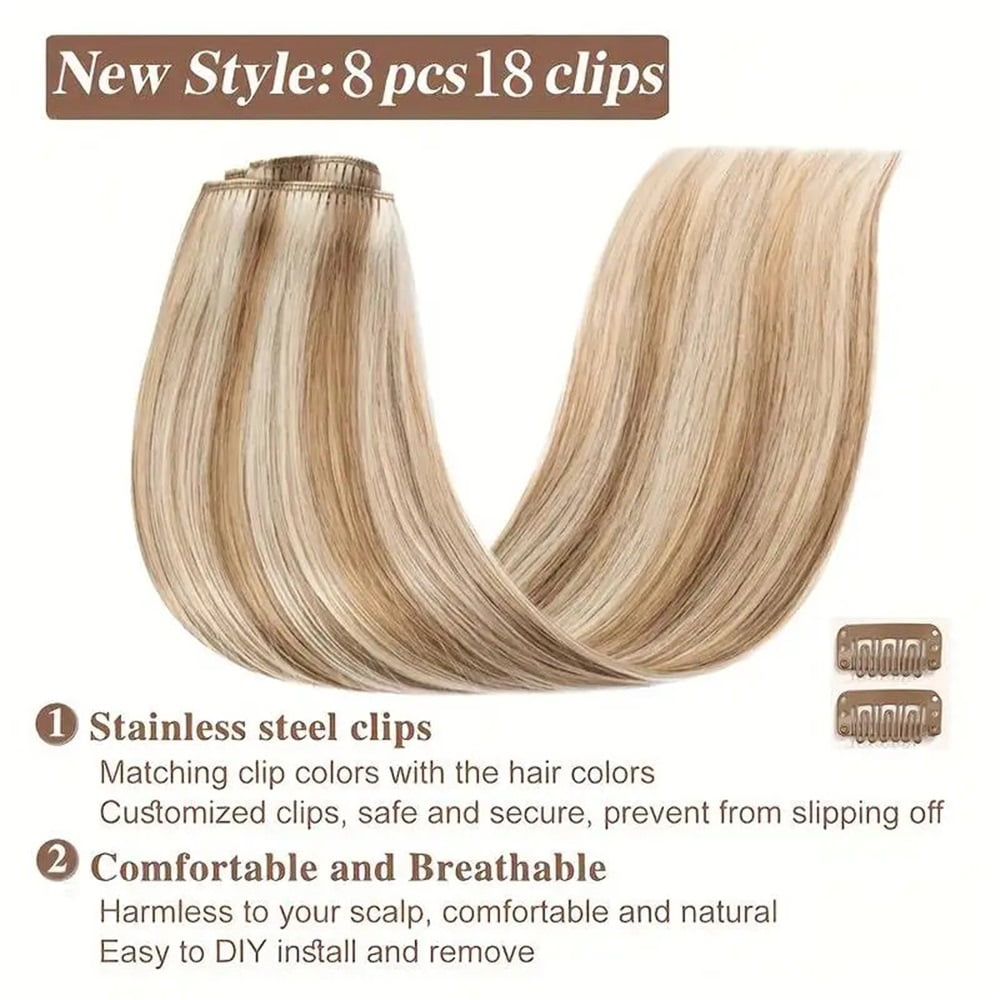 8Pcs Clip In Hair Extensions 100% Real Human Hair P8/613 Color Brown Highlight Blonde