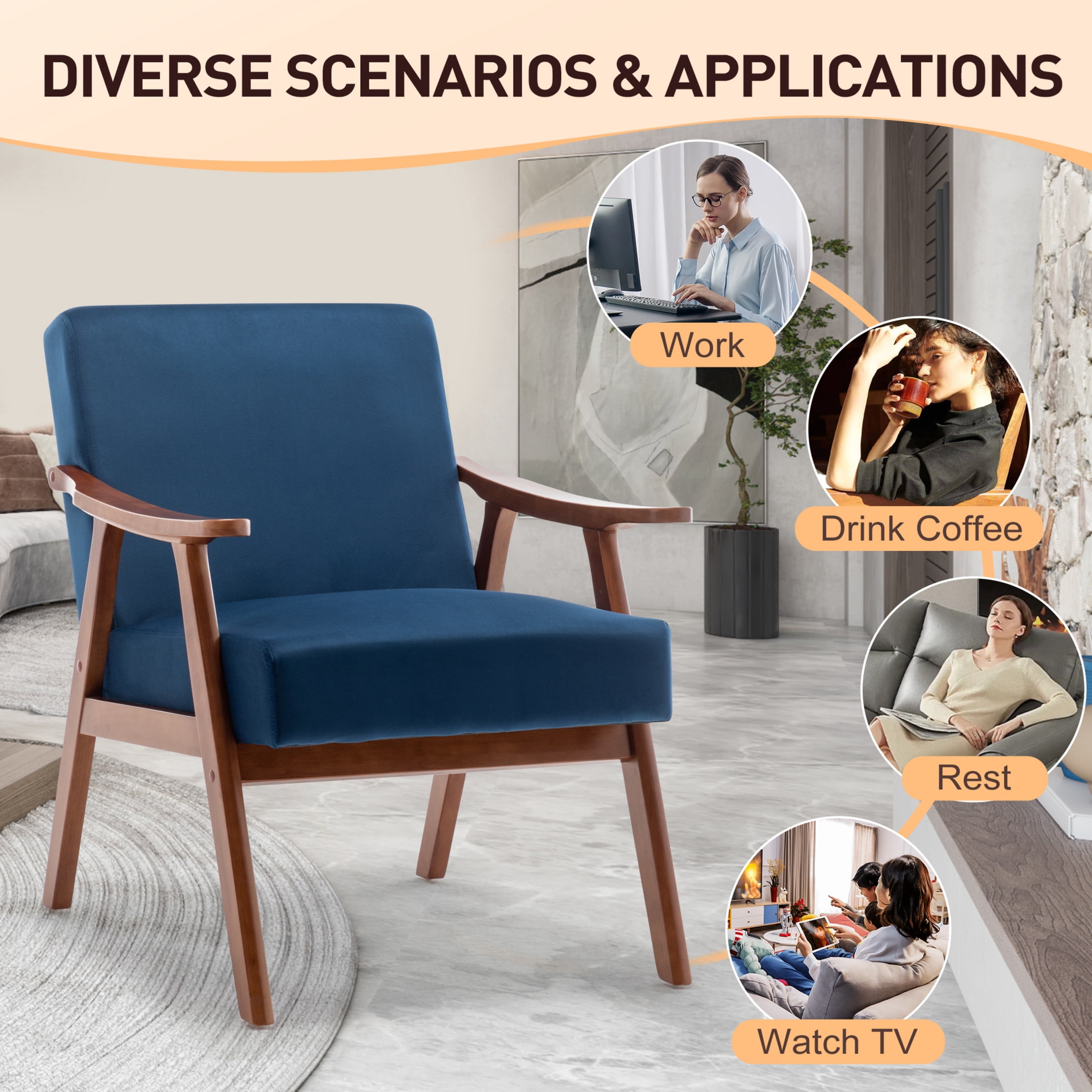 Noble House Jesse Modern Accent Chair, Solid Wood Thick Backrest Upholstered Velvet Lounge Armchair, Blue