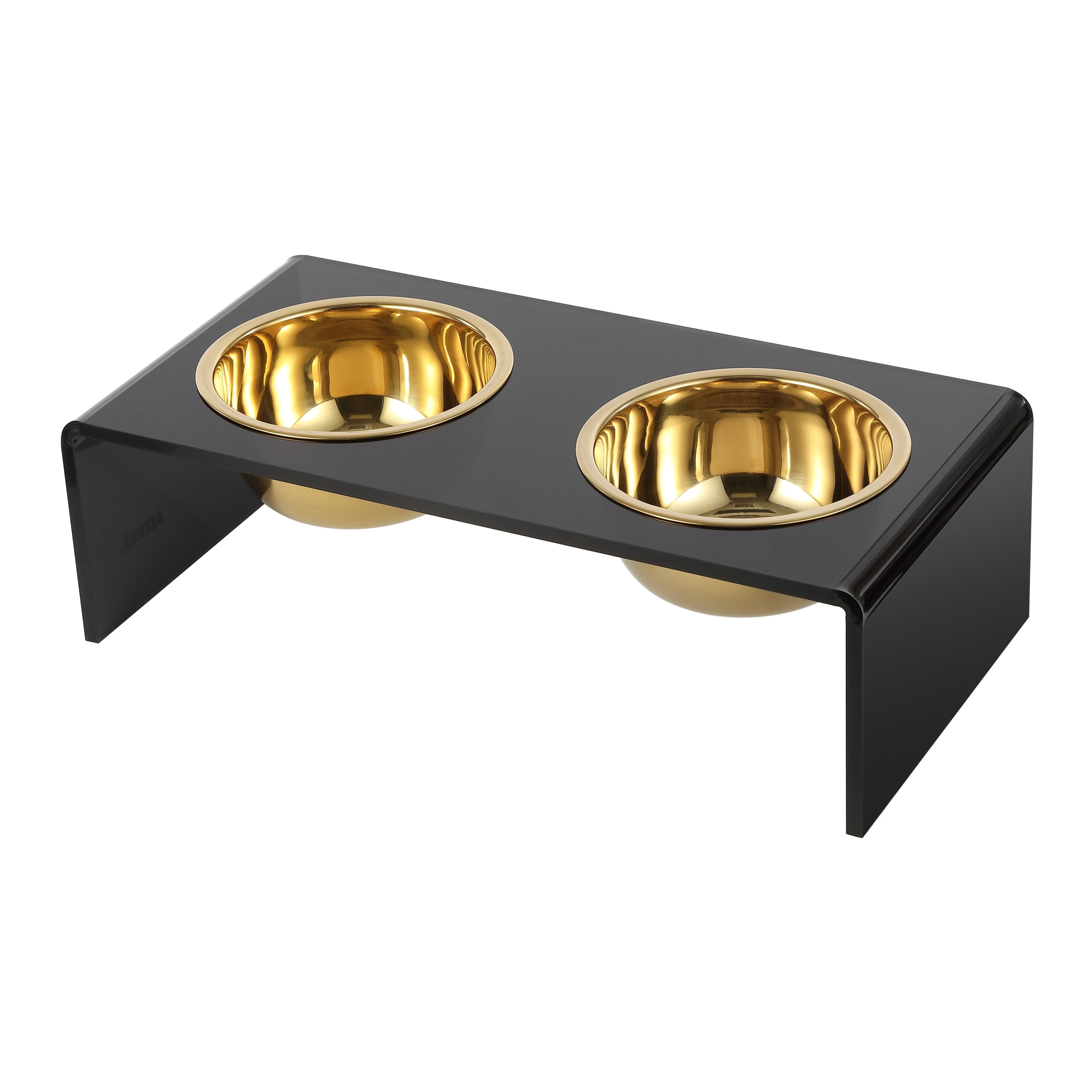 THE LICKER STORE Keaton 5" Small/Medium Modern Acrylic Rectangular Elevated Pet Feeder with 20oz 2-Stainless Steel Bowls, Black/Gold, DBL2000B