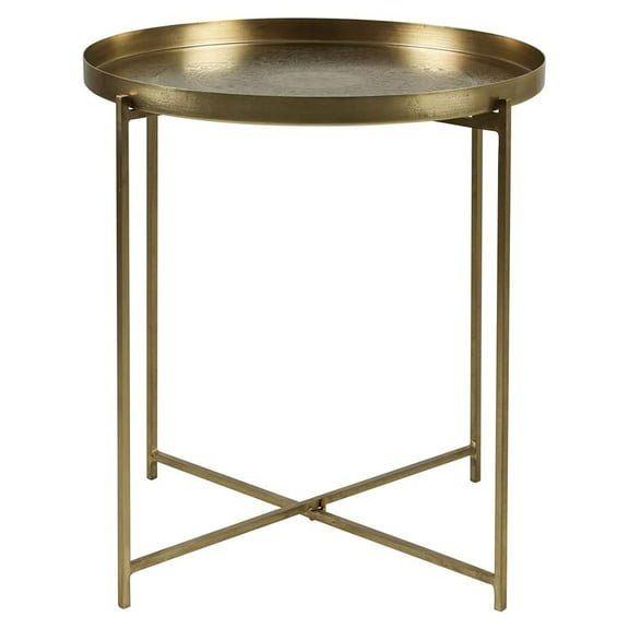 Tray Top Round Side Table, Decorative End Table with Antique Brass Finish, Intricate Hand Carving, Strong Iron Legs - 20" X 21.7"
