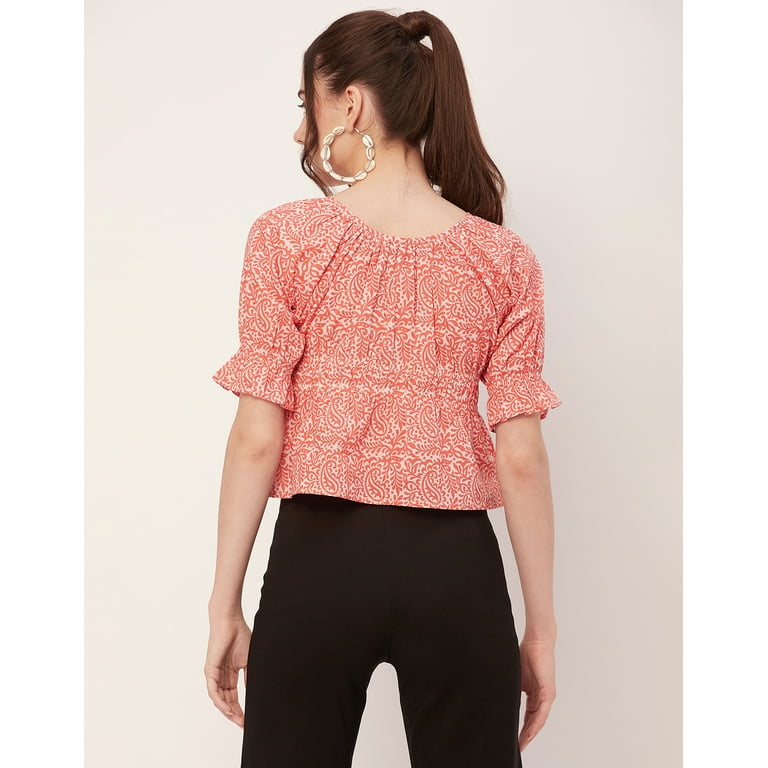 Moomaya Printed Cinched Waist Top, Half Sleeve Round Neck