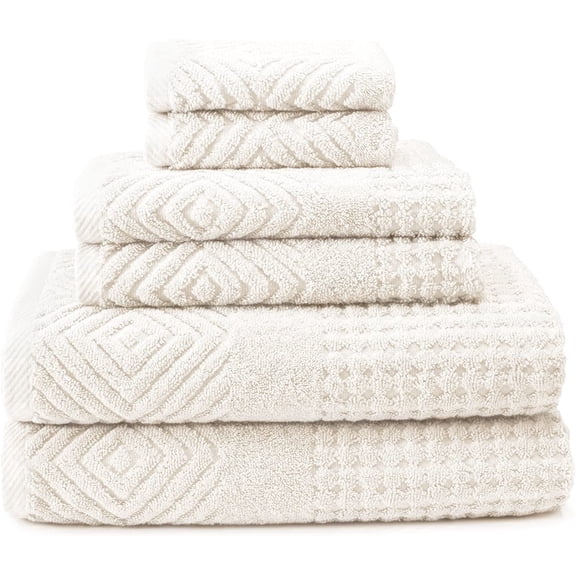 Texere 100% Organic Cotton Diamond Jacquard Luxury Bath Towel Sets, Cream (6 Piece)