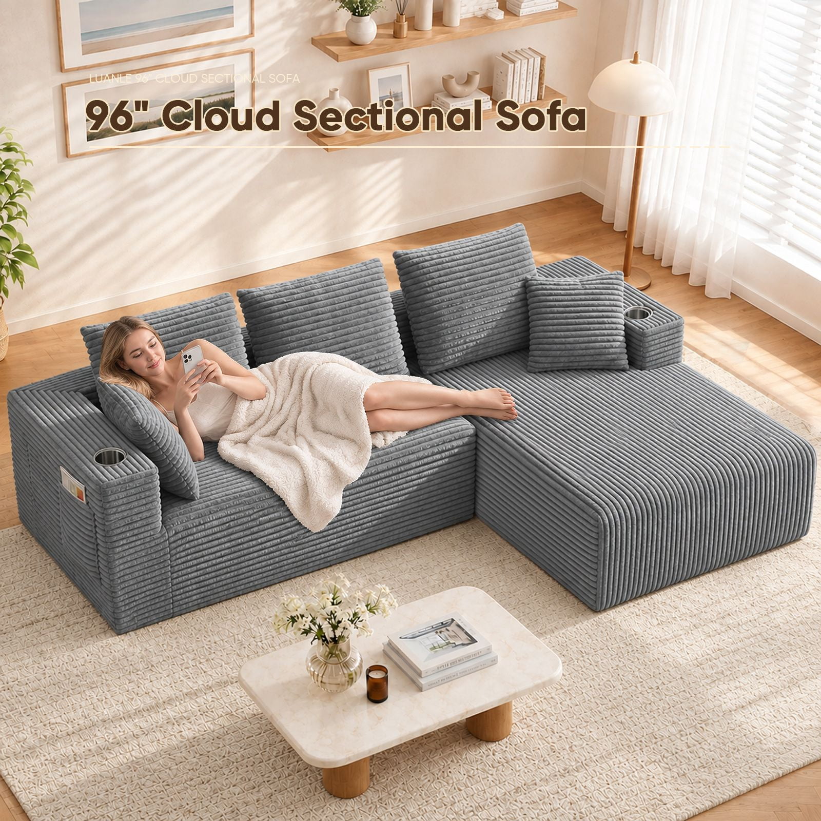 Lunale 95" Modular Sectional Sofa, L-Shaped Boneless Cloud Couch with Cup Holders, Modern Deep Seat Sofa for Living Room, Gray (Right Facing Chaise)