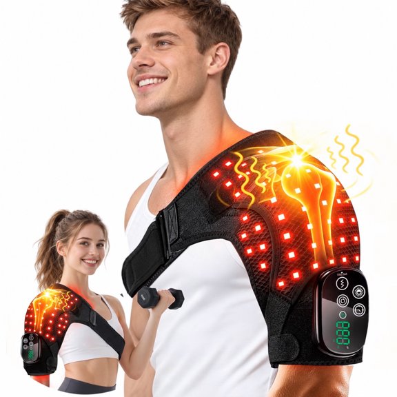 Morfone Cordless Red Light Shoulder Wrap with Heat & Massager, 660nm & 850nm Red Light Shoulder Massager, Black