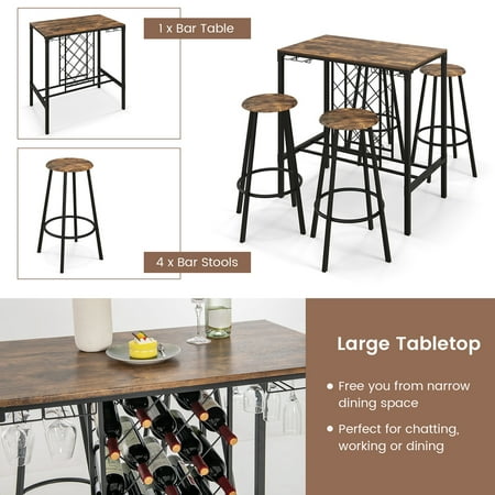 Costway 5PCS Bar Table & Stools Set Industrial Bistro Set with Wine Rack & Glass Holder - Rustic Brown/Black