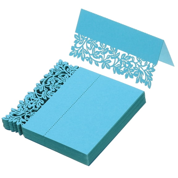 Uxcell 50Pcs Wedding Place Cards, Laser Cut Leaves Table Place Cards Folded Tent Cards Name Card, Sky Blue