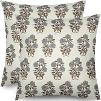 Brown Grey Floral Block Print Pillow Covers 18x18 Set of 2 Chinoiserie Flower Leaves Outdoor Decorative Throw Pillows Farmhouse Pillowcases Linen Cushion Case Decor for Home Sofa Couch Bed