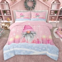 Homewish Girly Pink Gnome Bedding Comforter Set for Teens, Winter Xmas Snowflake Twin Comforter Sets, Dreamy Christmas Theme Reversible Bedding Set, Breathable Home Decor, 2pcs