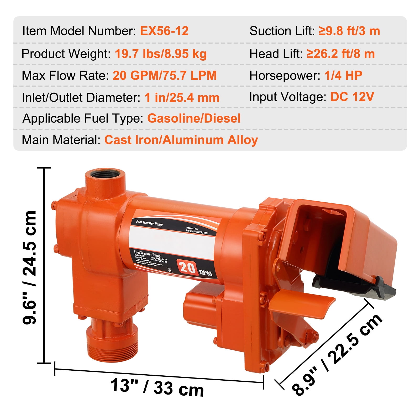 KFFKFF Fuel Transfer Pump Gasoline Pump 20GPM 12V for Transfer of Gasoline Diesel