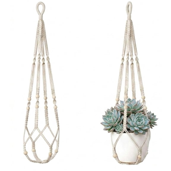 NOGIS 35 inch Macrame Plant Hanger Large for up to 9 inch Pot Extra Long Hanging Plant Holder No Tassels Hanging Planter Basket with Wood Beads for Indoor Outdoor Boho Home Decor, Ivory