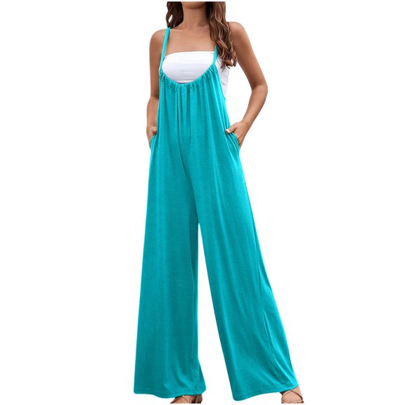 Women's Casual Sleeveless Loose Adjustable Straps Jumpsuit Solid Color High Waisted Jumpsuit Wide Leg Rompers With Pocket Summer Fashion Tank Romper Overalls