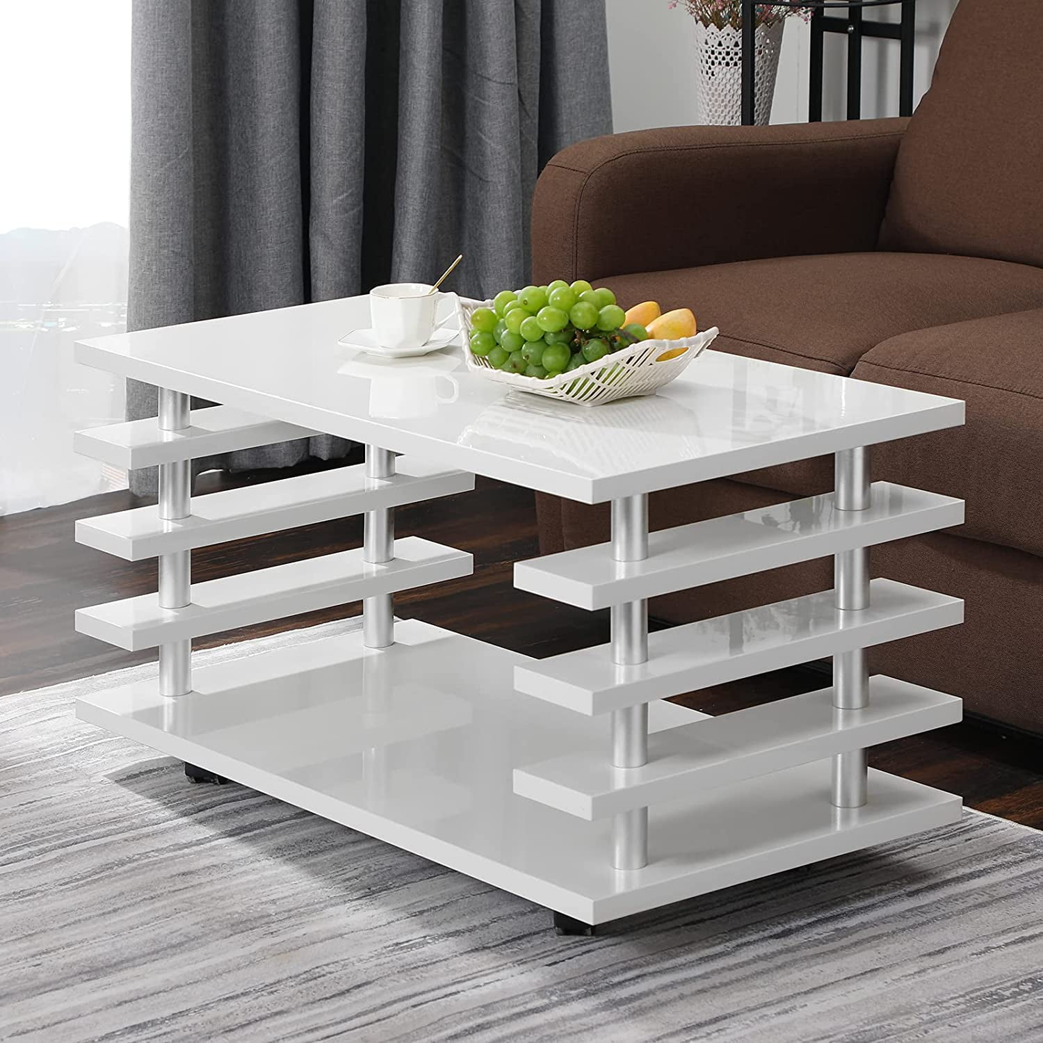 Coffee Tables with Storage Shelf for Living Room Rectangle High Gloss Side Table with Wheels RGB ...