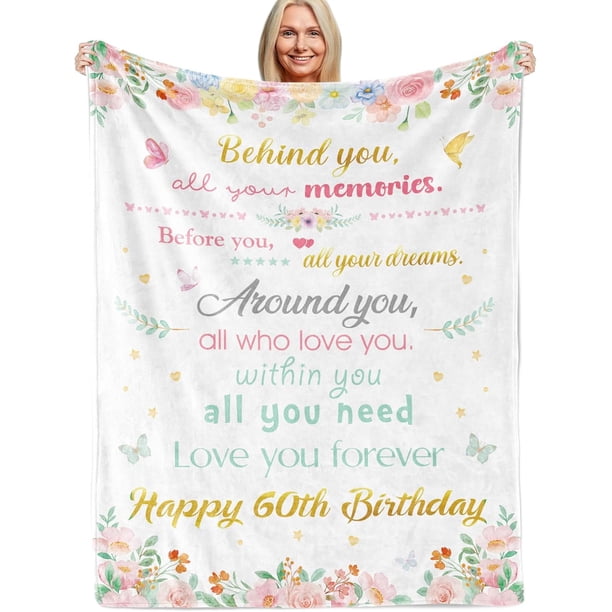 LHSHID 60th Birthday Gift Blanket Ideas for Women Happy 60th Birthday Throw Blanket for Mom Pink Flowers 60 Year Old Birthday Blanket Gifts Ideas for Sister Grandma Wife Female Friends 40"x50"