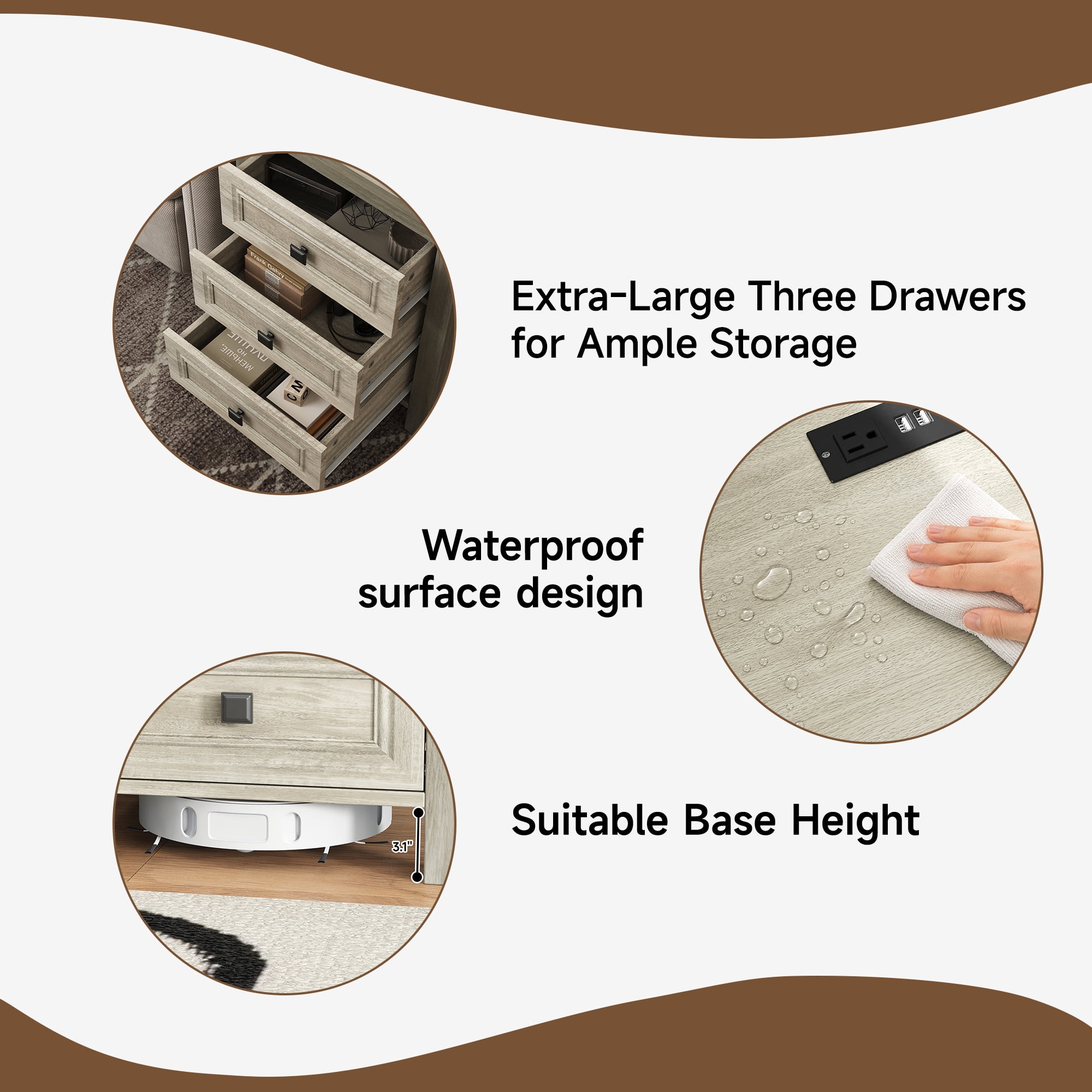 Nightstand Set of 2 Farmhouse Nightstand with 3 Storage Drawer,Bedside Tables with Charging Station,End Table for Bedroom Modern Wood Side Table Living Room,Gray