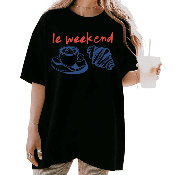 UNISHE Women's Le Weekend Coffee Croissant Graphic Short Sleeve T-Shirt Breathable Casual Crewneck Top