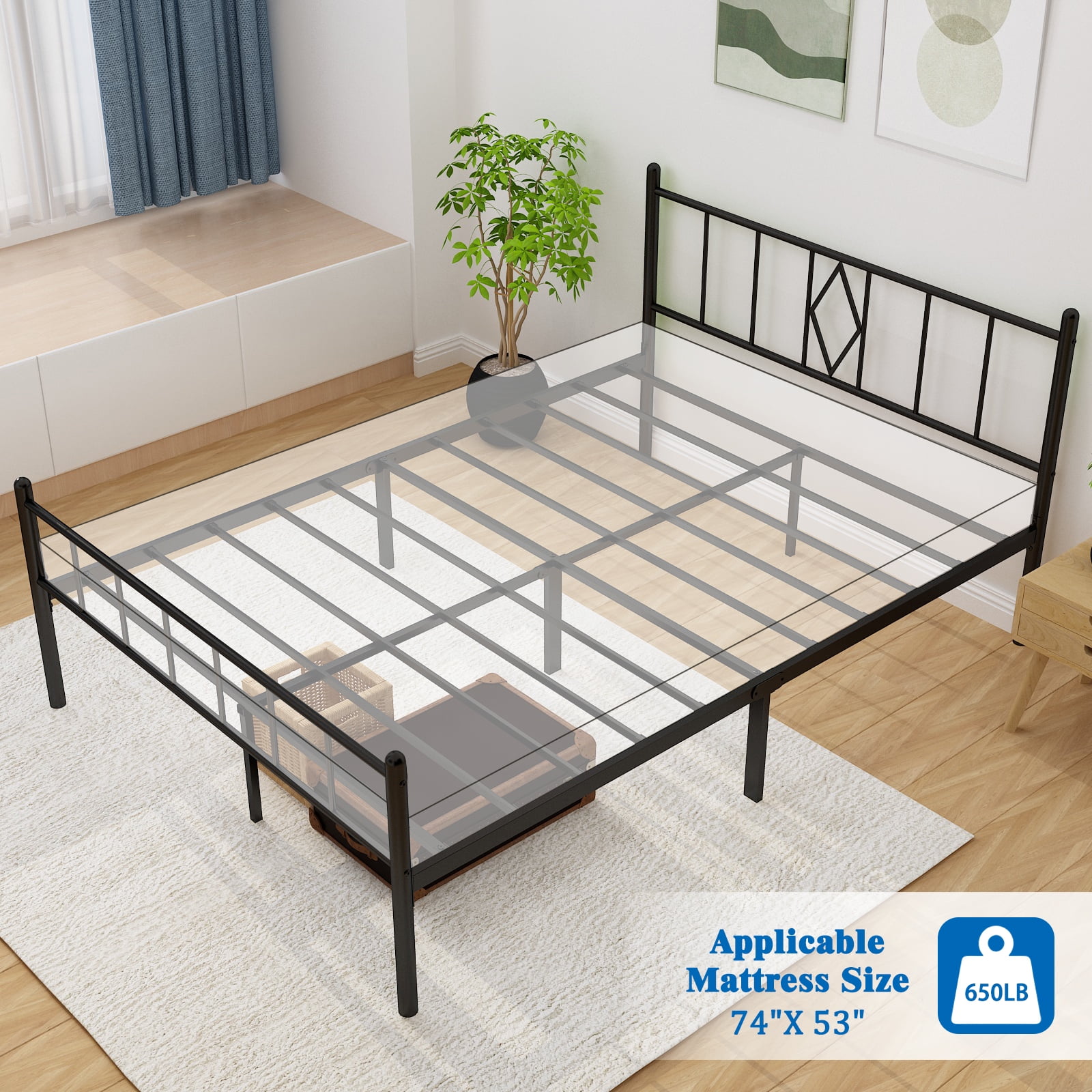 MAYEERTY 14"H Full Size Metal Platform Bed Frames with Iron-Art Headboard, Footboard, Under Bed Storage, No Box Spring Needed, Heavy Duty Metal Slat，Black