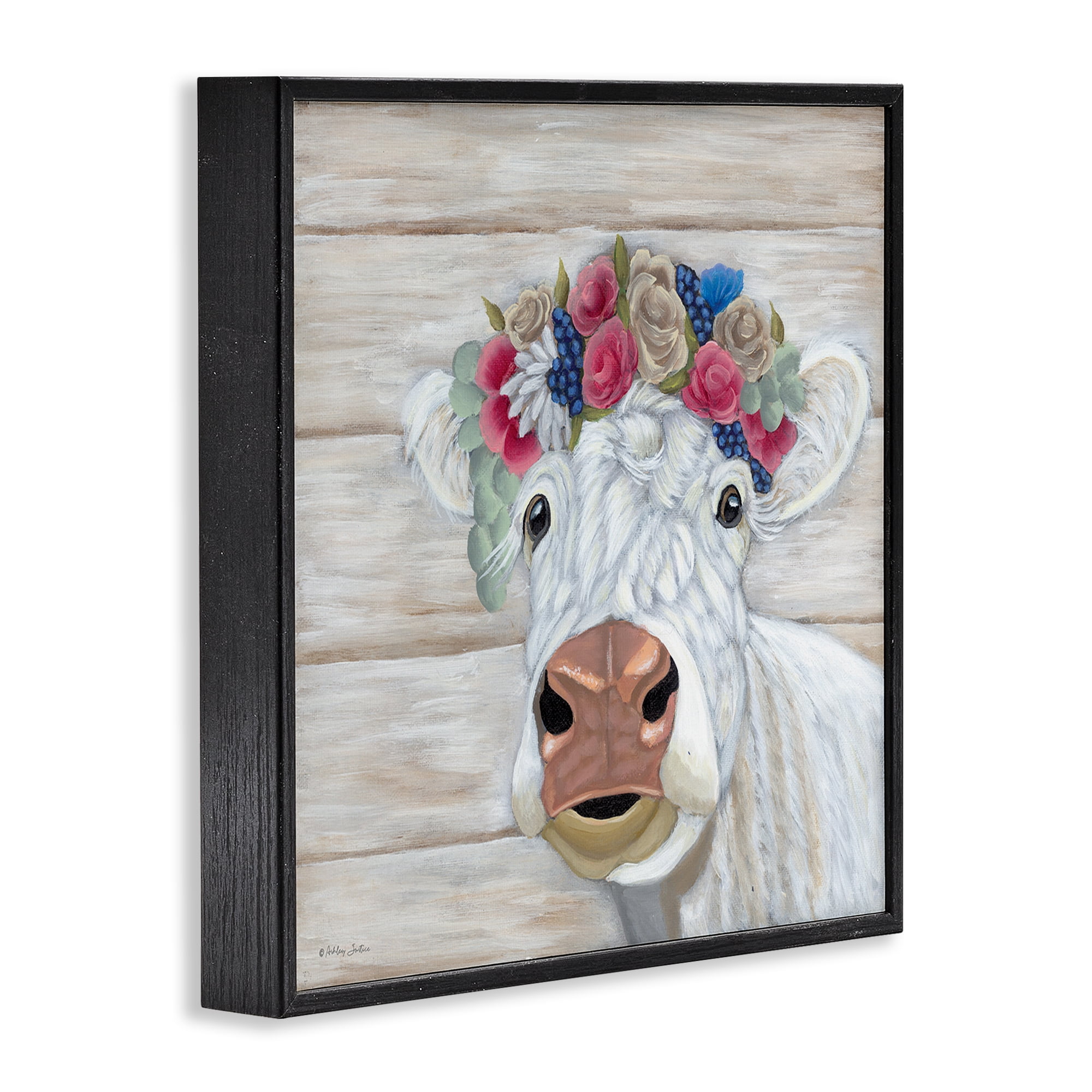 Stupell Industries Rustic Cow Flower Crown Animals & Insects Painting Black Framed Art Print Wall Art, 24 x 24