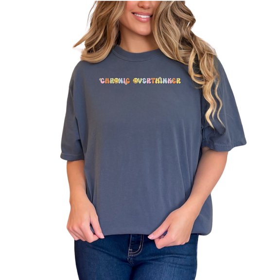 Retro Aesthetic Chronic Overthinker Funny TShirt, Cute Daisy Flower Smiley Face Graphic Tee, Mental Health Awareness Shirt, Denim Comfort Colors T-Shirt, Small