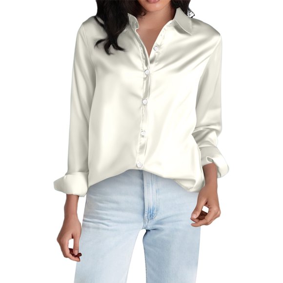 Blusa informal de satén con botones y manga larga para mujer - Versátil para el trabajo o la noche, tejido de poliéster