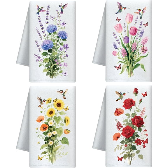 Flowers and Hummingbird Decorative Kitchen Towels Set of 4 Soft&Absorbent Microfiber Dish Towel for Kitchen Tea Coffee Bar Home Best Gift for Housewarming Christmas Thanksgiving Birthday Fibre