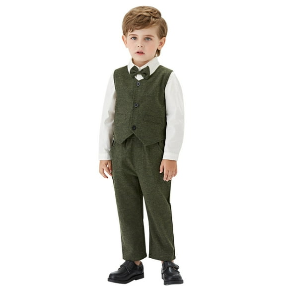 KAUOD Boys 2 Piece Cotton Vest Set Sleeveless Button Front Tank Top collar Shirt and Wide Leg Pants Kids Uniform Clothes