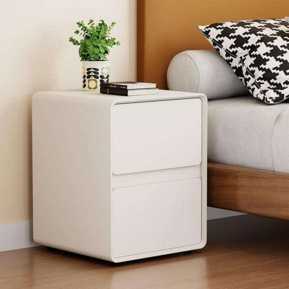 15.8" W Faux Leather Narrow Nightstand, Modern Fully-Assembled Bedside Table with 2 Drawers, Wood Night Stand Small Accent End Table & Side Table for Bedroom Living Room, White