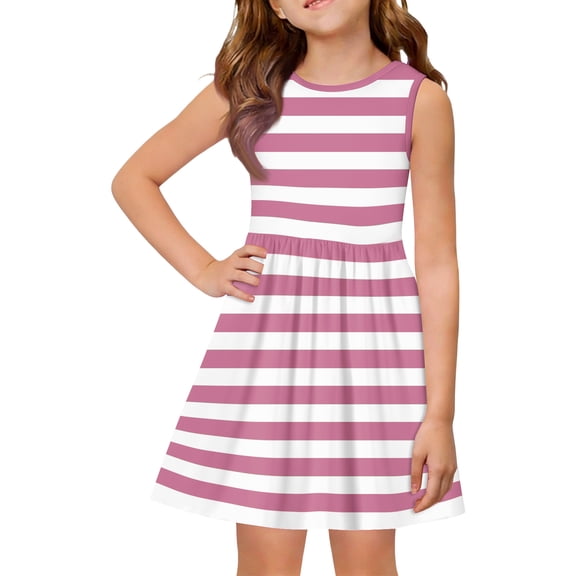 Abcomgle Summer Dress for Girls Casual A-Line Sleeveless Midi Dress Striped Crew Neck Sundresses Loose Swing Dresses,Pink,3-4Years