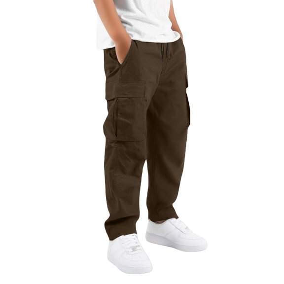 SJLDQY Boys' Cargo Pants Elastic Waist Drawstring Wide leg Pants Solid Color Casual Loose Trousers with Pockets
