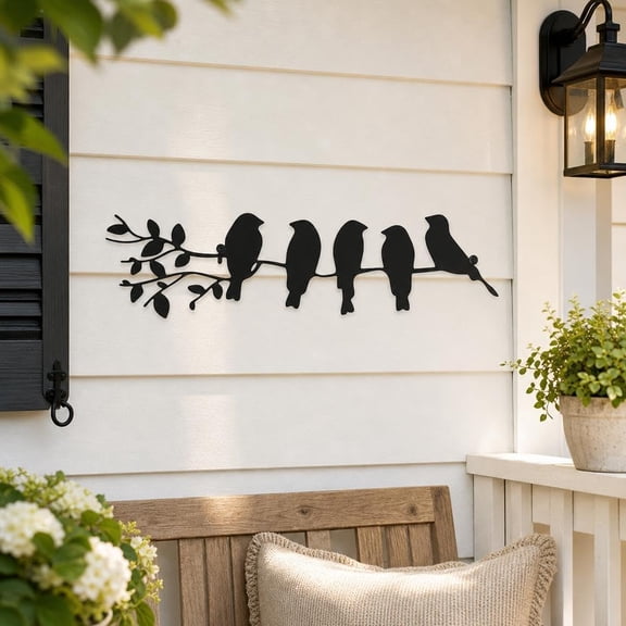 Birds on Branch Wall Decor Bird Wall Art Metal Sculpture Sign, 2D Flat ,11.8x3.54''| Bird on Tree Branch Wall Decal, Metal Slices Embellishment DIY Ornaments for Garden Personalized Kitchen Home(RL)