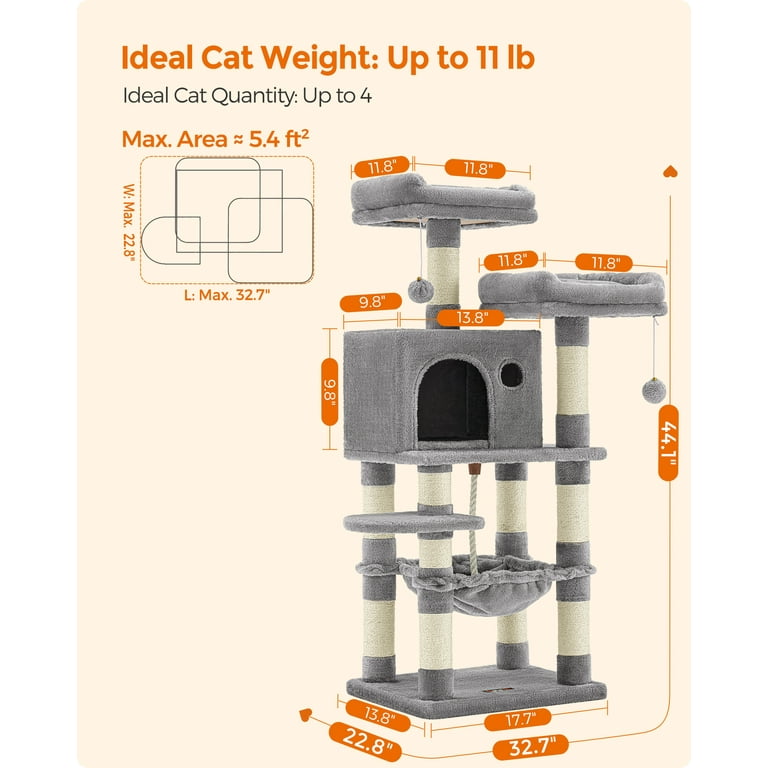 Feandrea 44.1 Cat Tree Cat Tower with 11 Scratching Posts Multi-Level Cat  Condo 2 Perches Cave Hammock Light Gray 