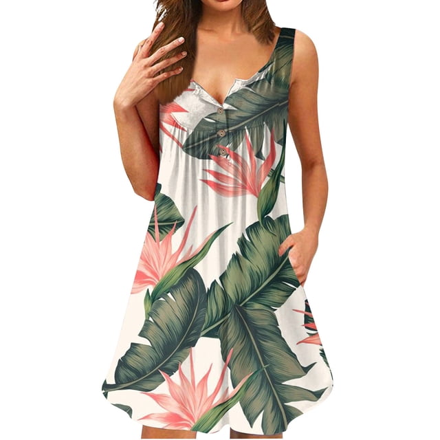 Mefallenssiah Robes d'Été pour Femmes 2023 Col Rond Imprimé Sans Manches Robes Tuniques Grande Taille Robes T-Shirt