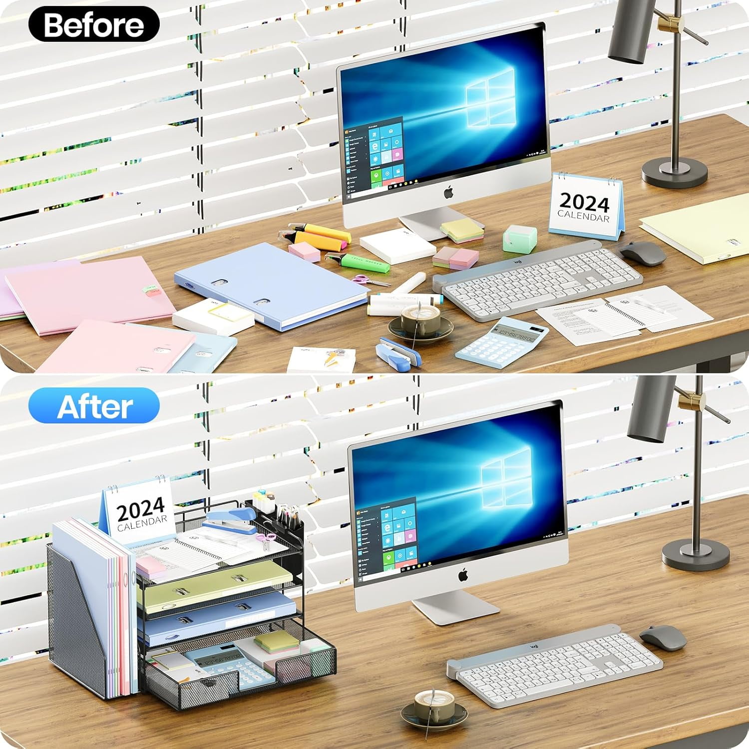 Desk Organizer and Accessories, 4-Tier Desktop File Organizer with Drawer and 2 Pen Holders, Office Desk Accessories, Workspace Organizers for Office Supplies(Black)