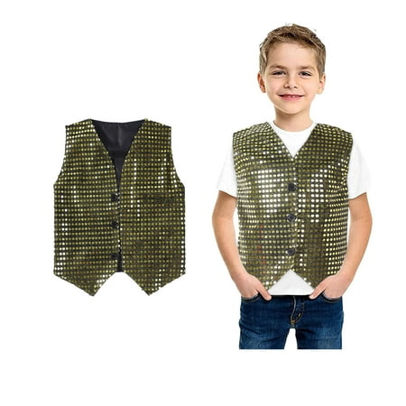 Girls Sequin Vest Sparkle Sequins Sleeveless Button Vest Gold Vest Boys Party Carnival Gown Outfit Size 4-5 Years
