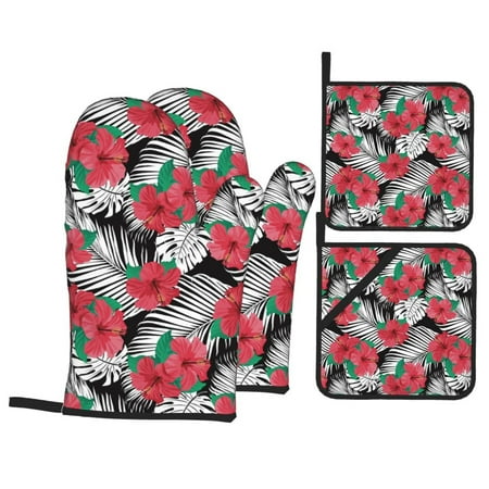 

Oven Mitts and Pot Holders Sets 4 pcs - red flowers_A Heat Resistant Silicone Oven Gloves with Non-Slip Silicone Surface and hot pads for kitchen Baking Cooking BBQ