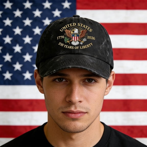 USA 250th Anniversary Hat Printed Design, America 250 Hat with Bold Graphic, 250th Anniversary USA Hat Classic Fit, America 250th Anniversary Hat for Patriotic Occasions, Black