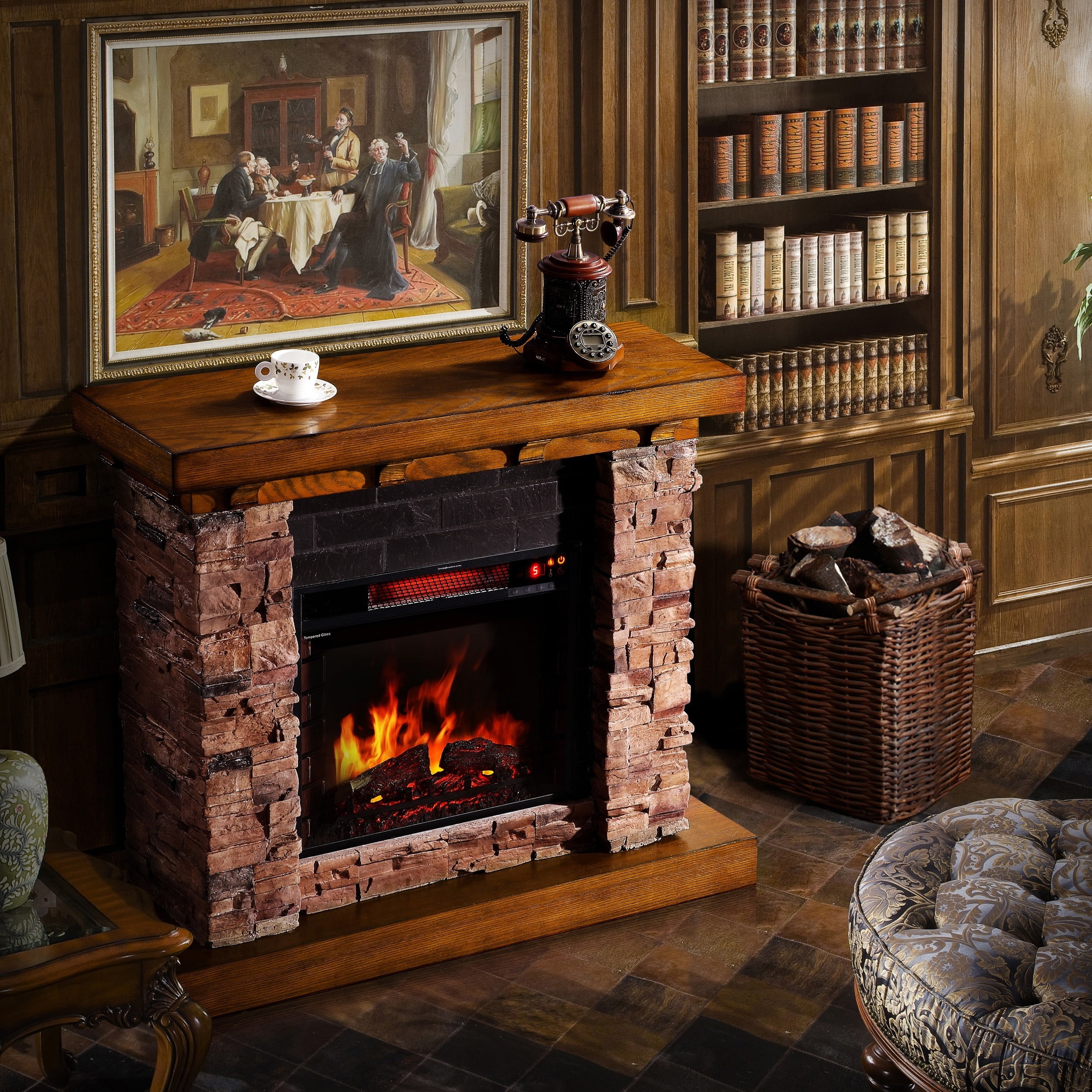 Bentley Electric Fireplace With Faux Stone Whiskey Maple Com