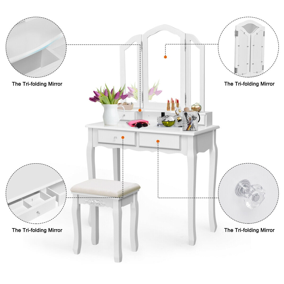 Costway Makeup Vanity Set Dressing Table Tri Folding Mirror W Stool White